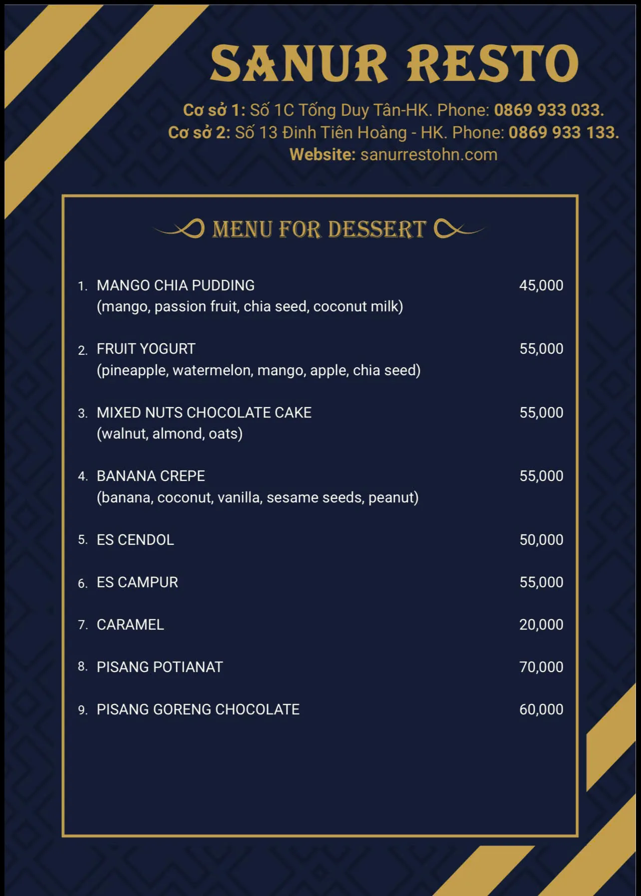 Menu For Dessert